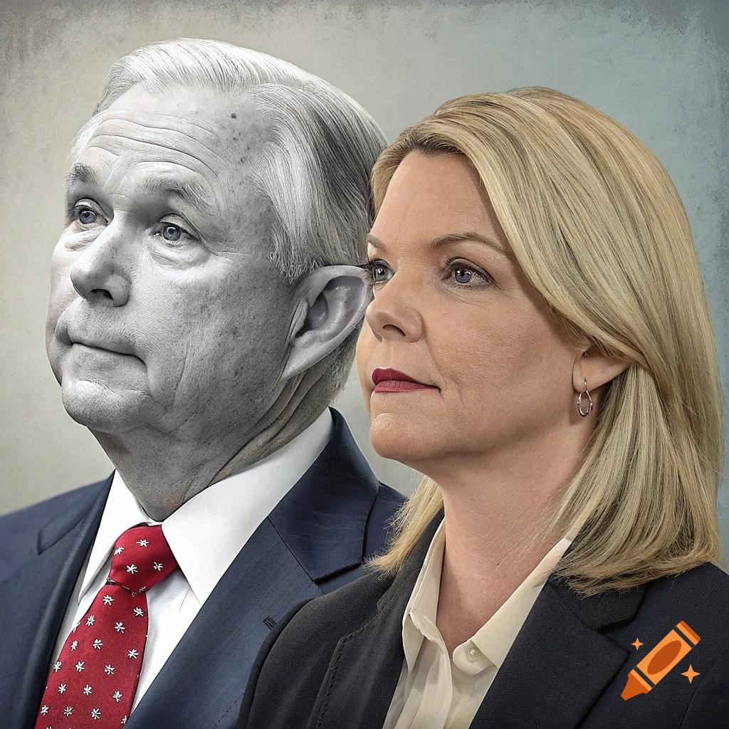 Merged portrait of Jeff Sessions and Pam Bondi, one side grayscale