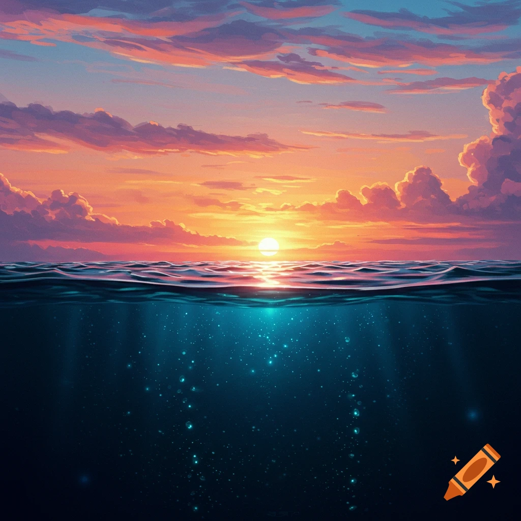 Split view of a colorful sunset over the ocean and a deep blue underwater scene with bubbles, digital art style.