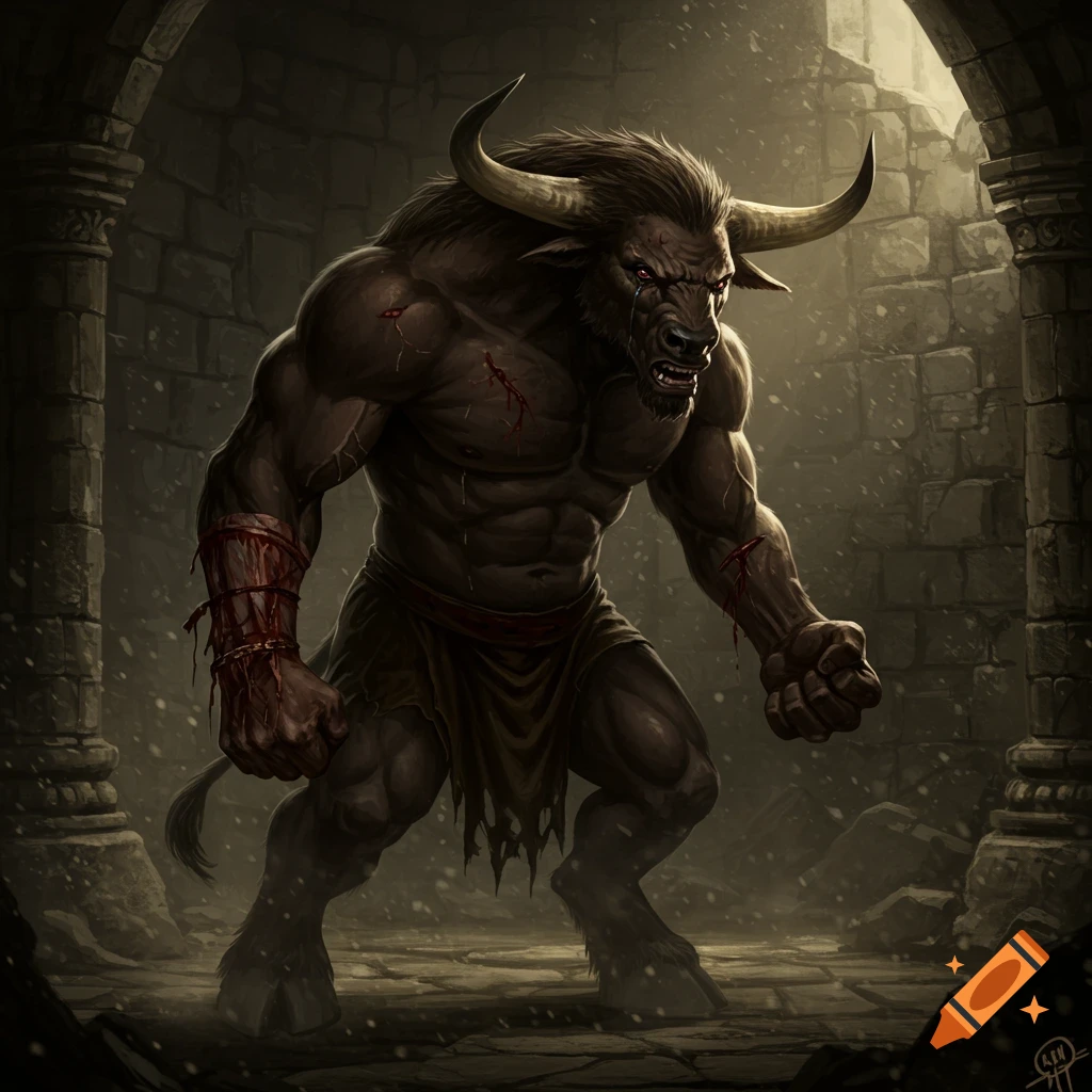 Muscular Minotaur standing in a dark dungeon.