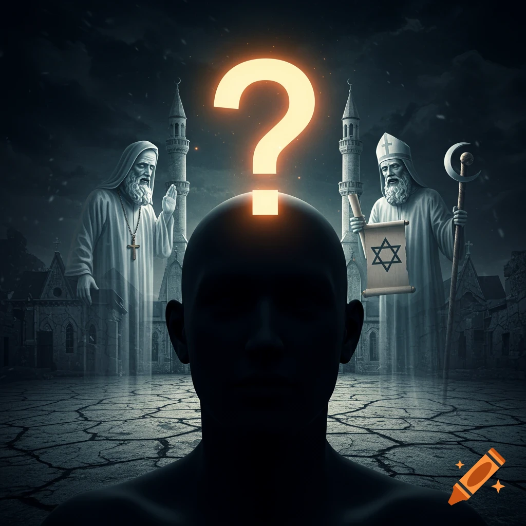 Silhouetted head with question mark, flanked by ghostly religious figures with symbols in a dark ruined landscape.
