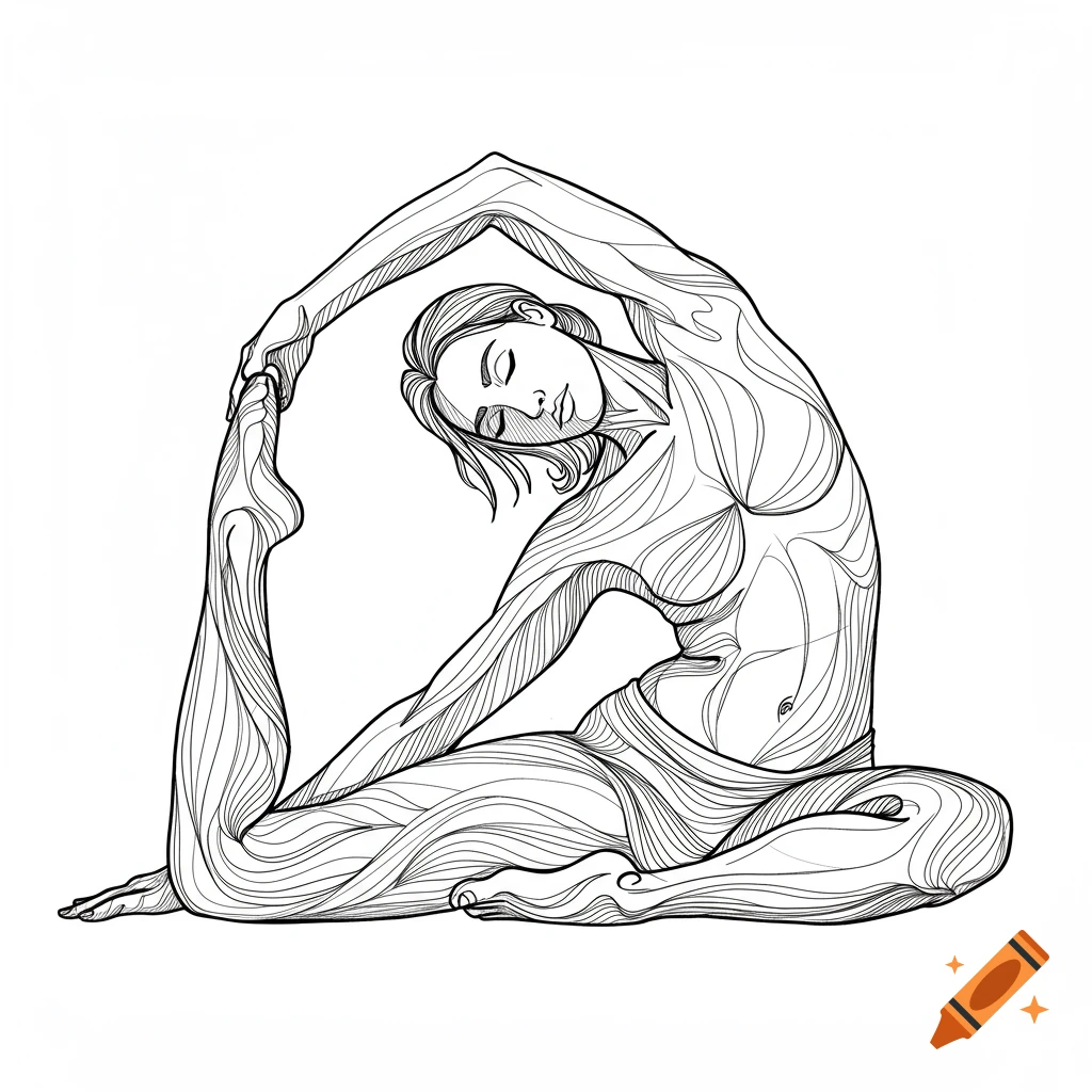 Black and white line drawing of a person in a yoga pose