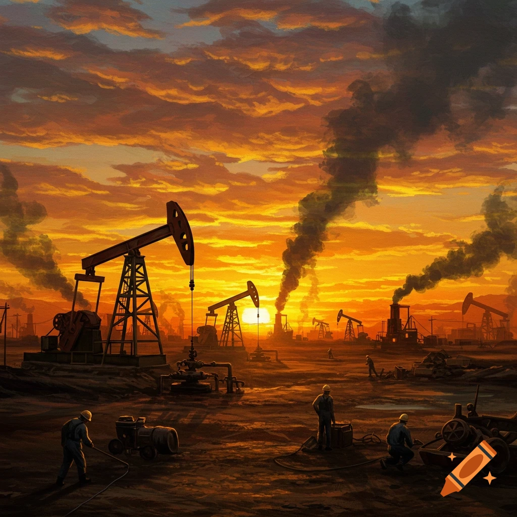 Pumpjacks and workers in an oil field at sunset.