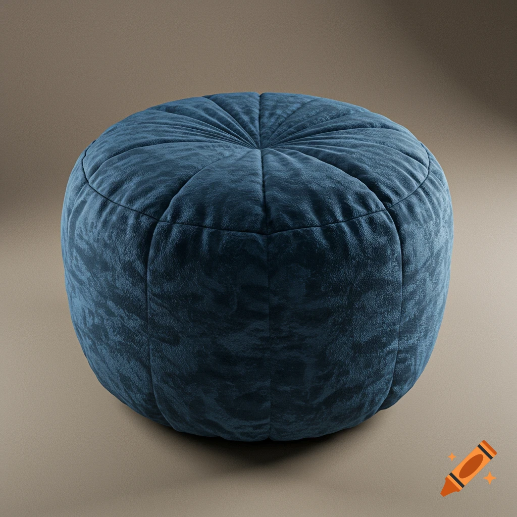 A realistic render of a blue velvet pouf on a brown background.