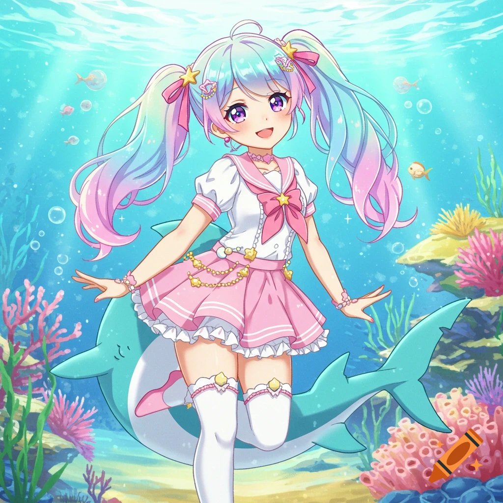 Anime girl with pastel hair in sailor outfit riding a shark underwater.