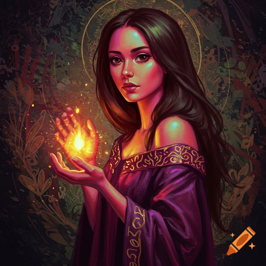 A woman in a purple dress holding a glowing orb between her hands.