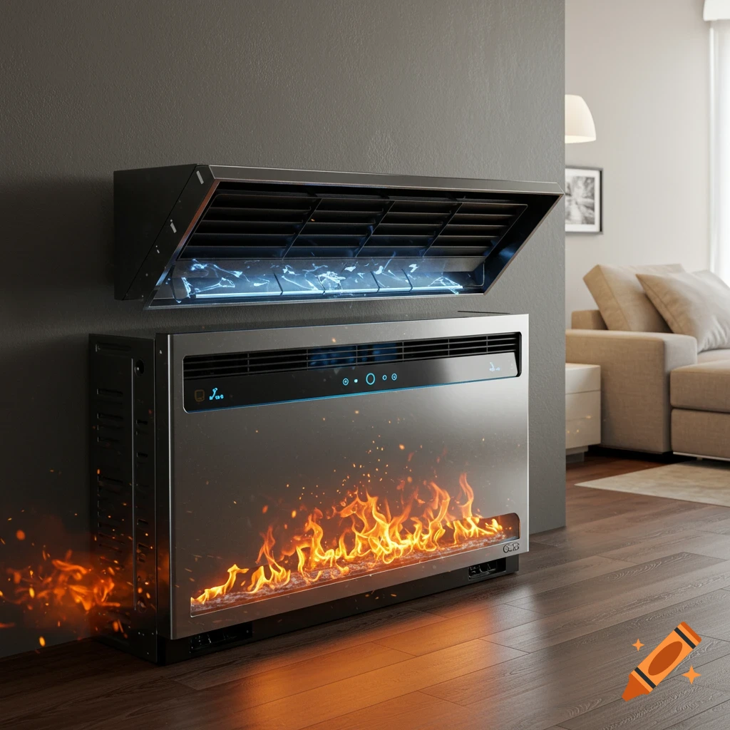 Modern HVAC unit with fire and ice effects in a living room setting.