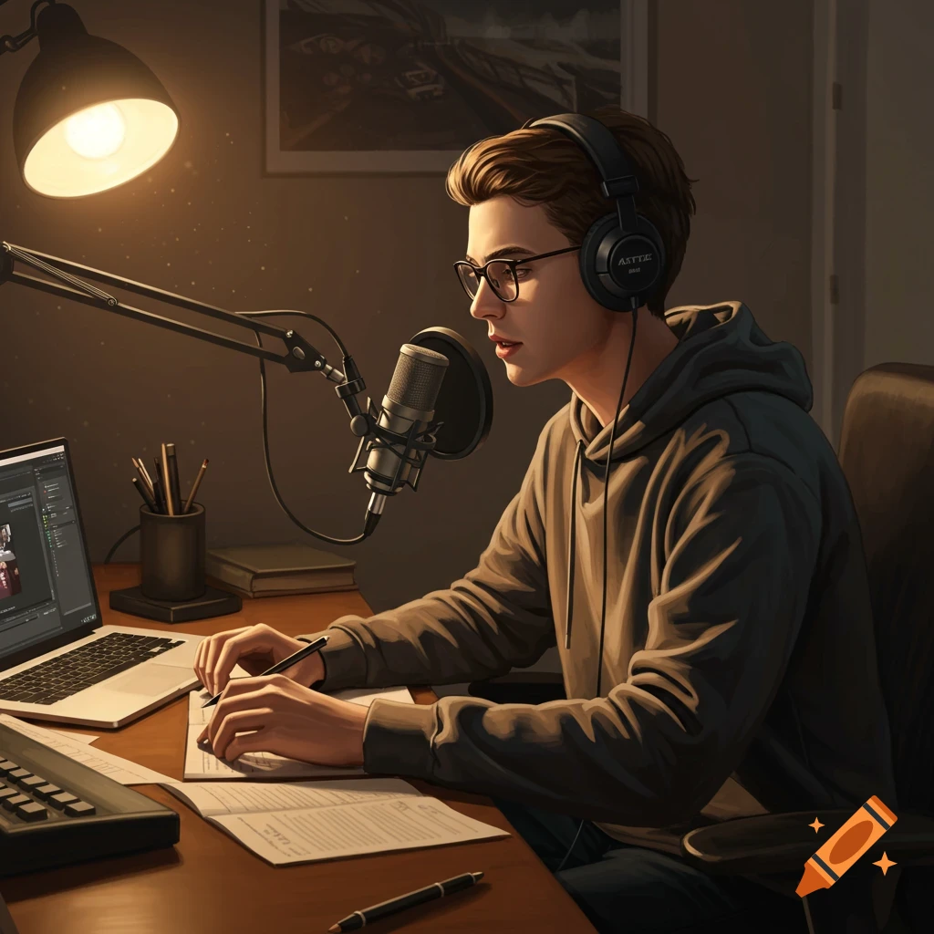 A young man podcasting at a desk with a microphone and laptop.