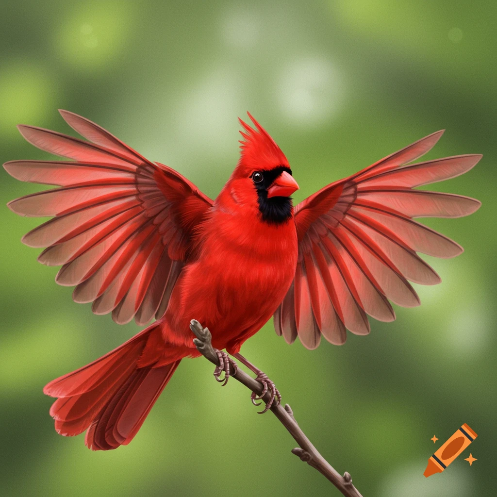 A red cardinal with spread wings on a branch.