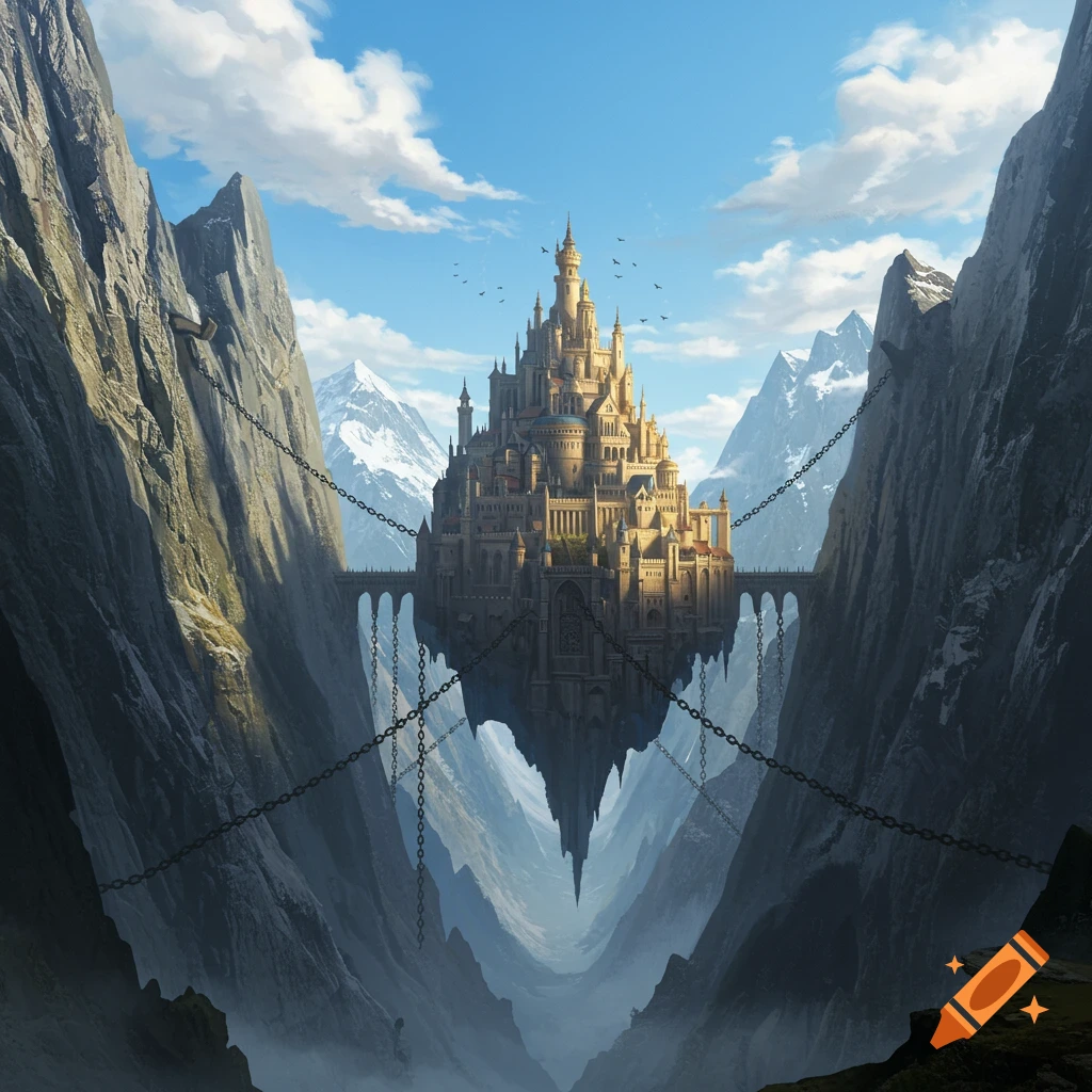 A large fantasy castle suspended by chains between two steep mountains