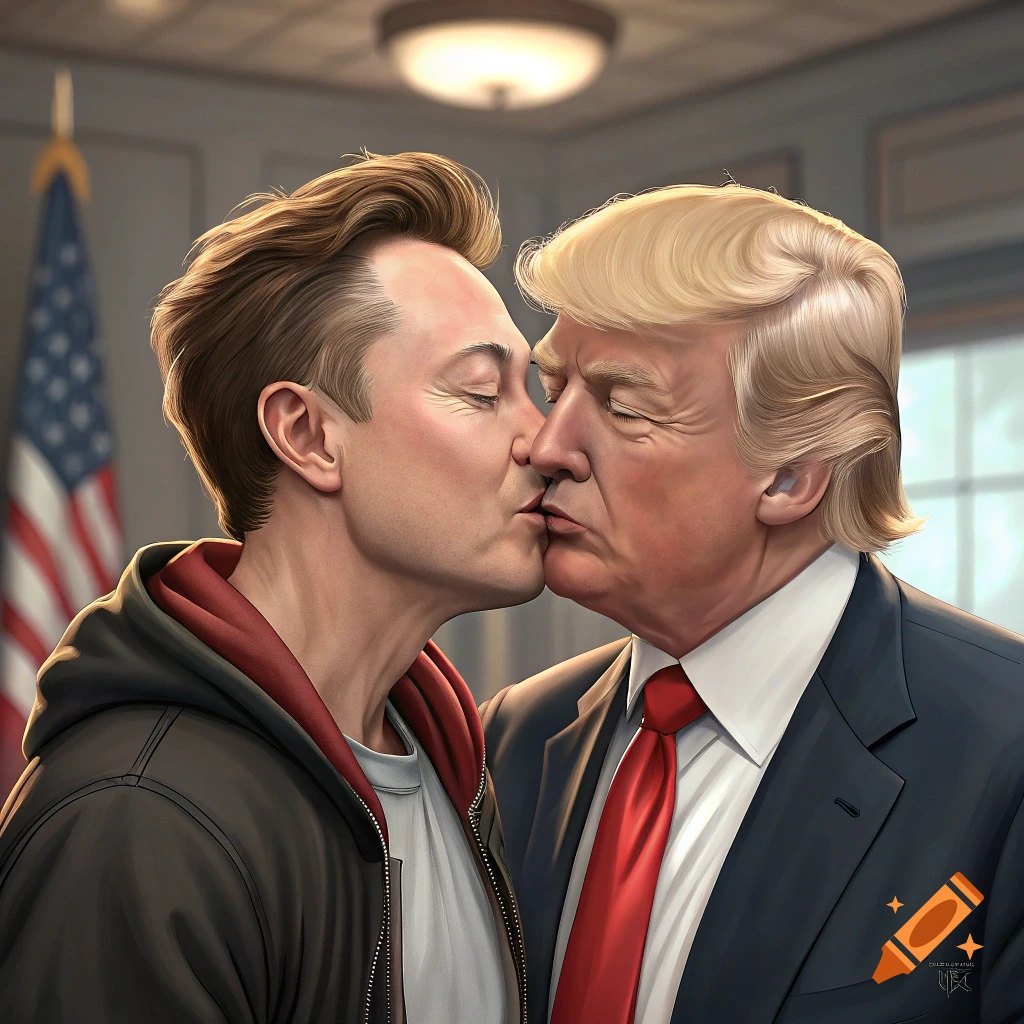 Illustrated portrait of Elon Musk kissing Donald Trump.