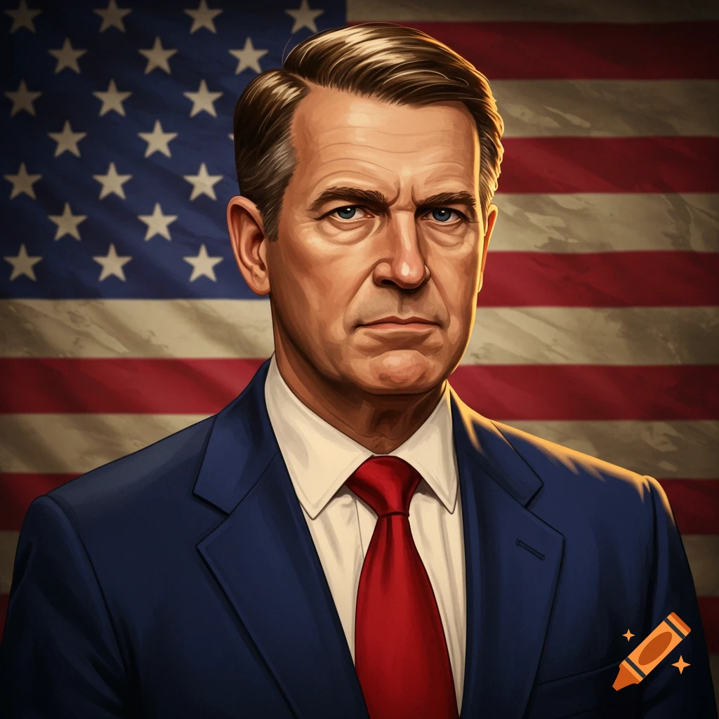 A man in a suit and red tie stands against an American flag.