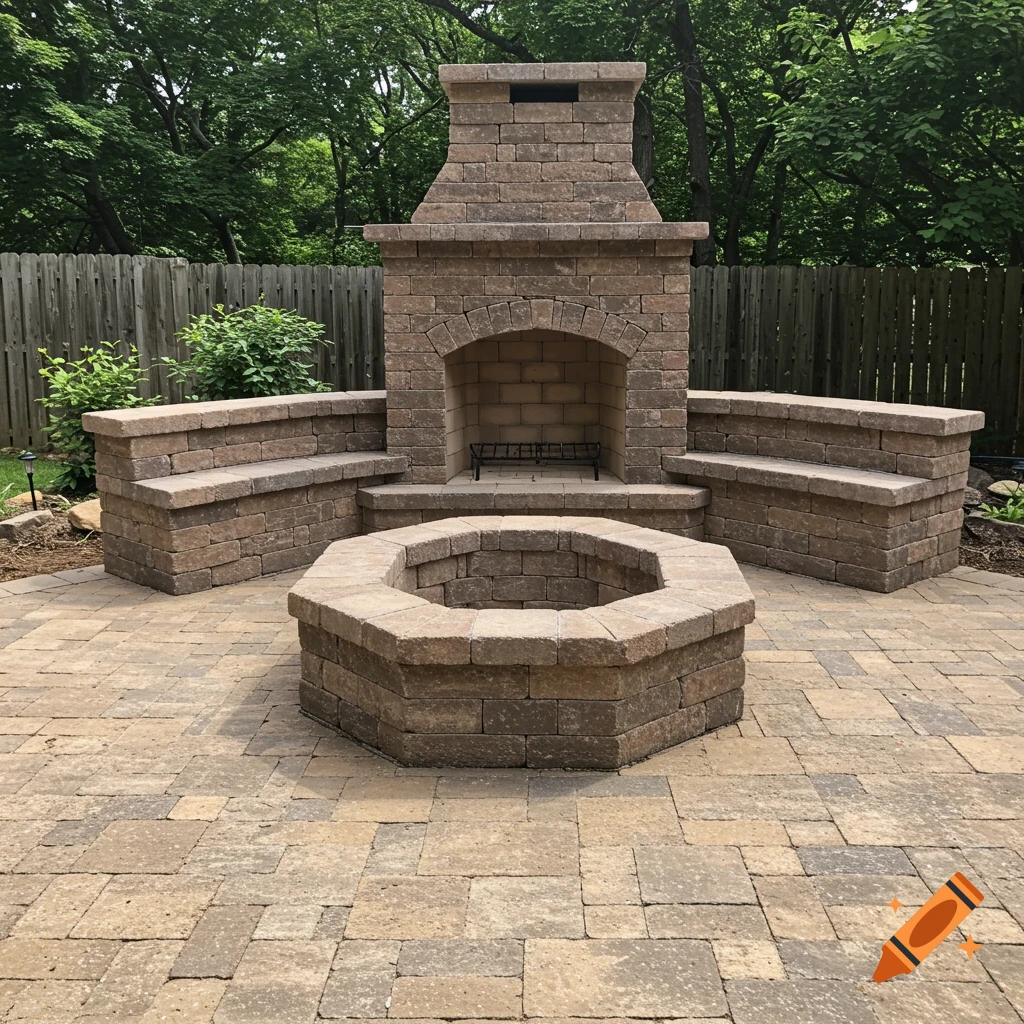 An outdoor fireplace and fire pit constructed of pavers in a backyard.