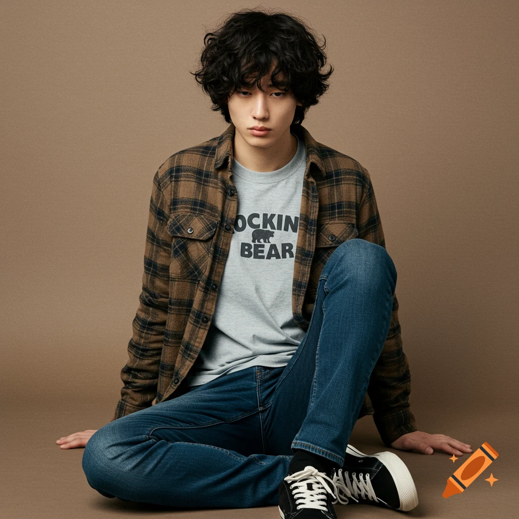 Young man sitting, wearing plaid shirt, graphic tee, and jeans.