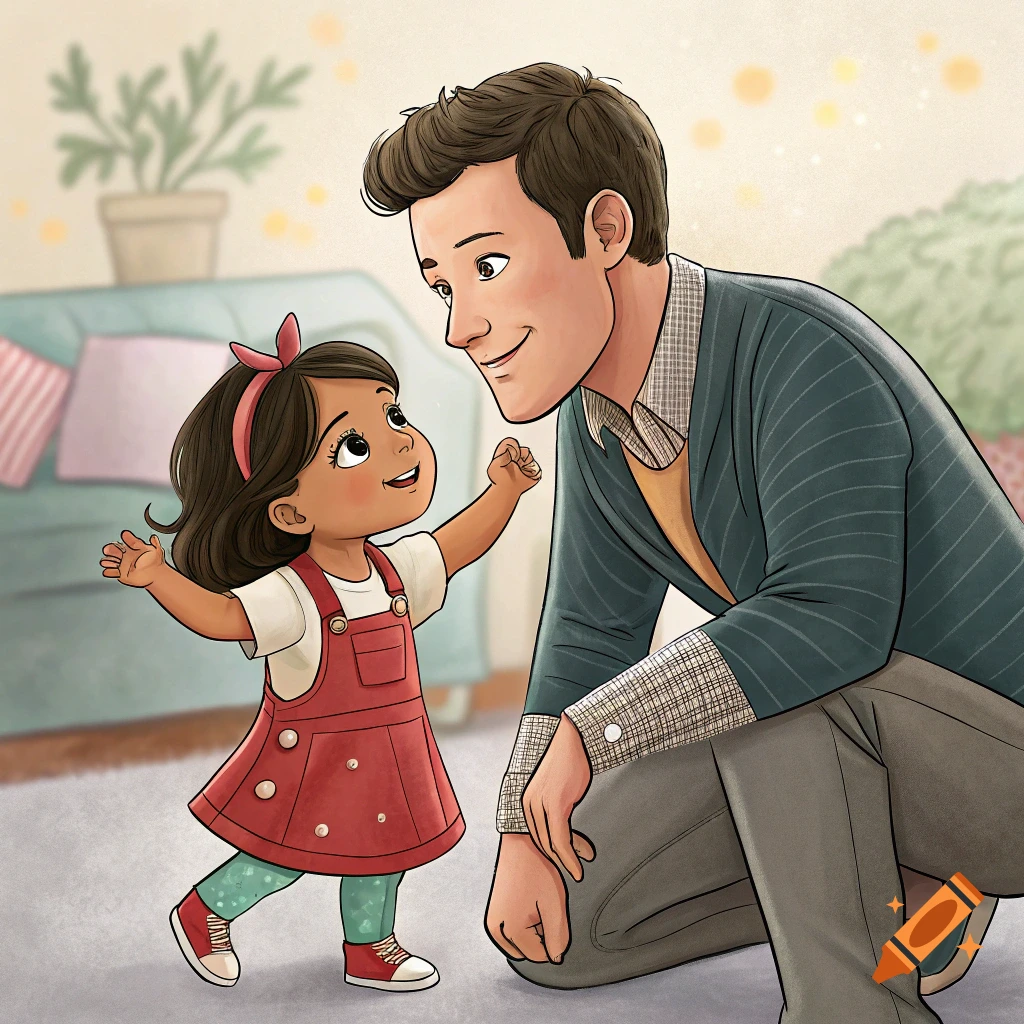Illustration of a father kneeling and smiling at his happy young daughter.