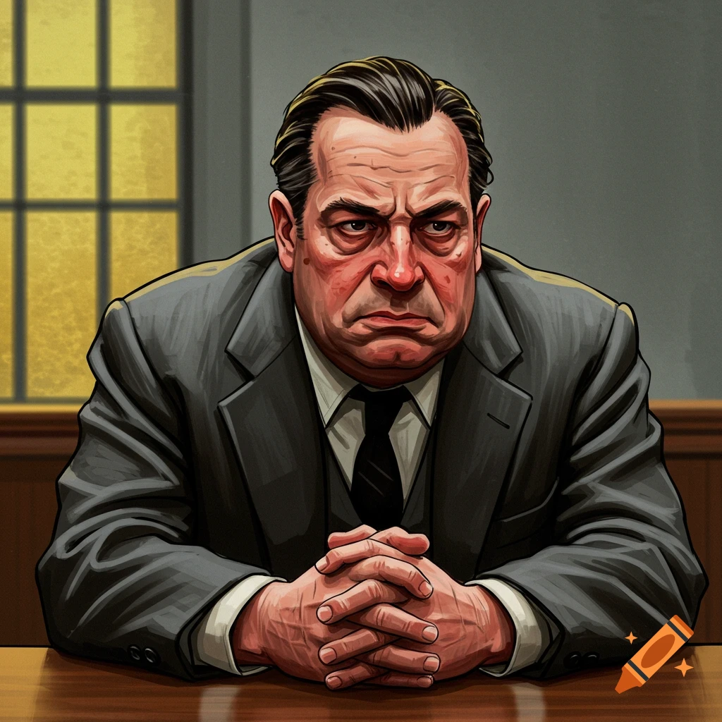 A stern man in a suit is sitting at a table with clasped hands.