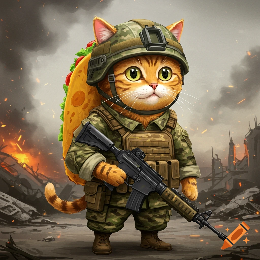 A cat in military gear carries a large taco in a warzone.