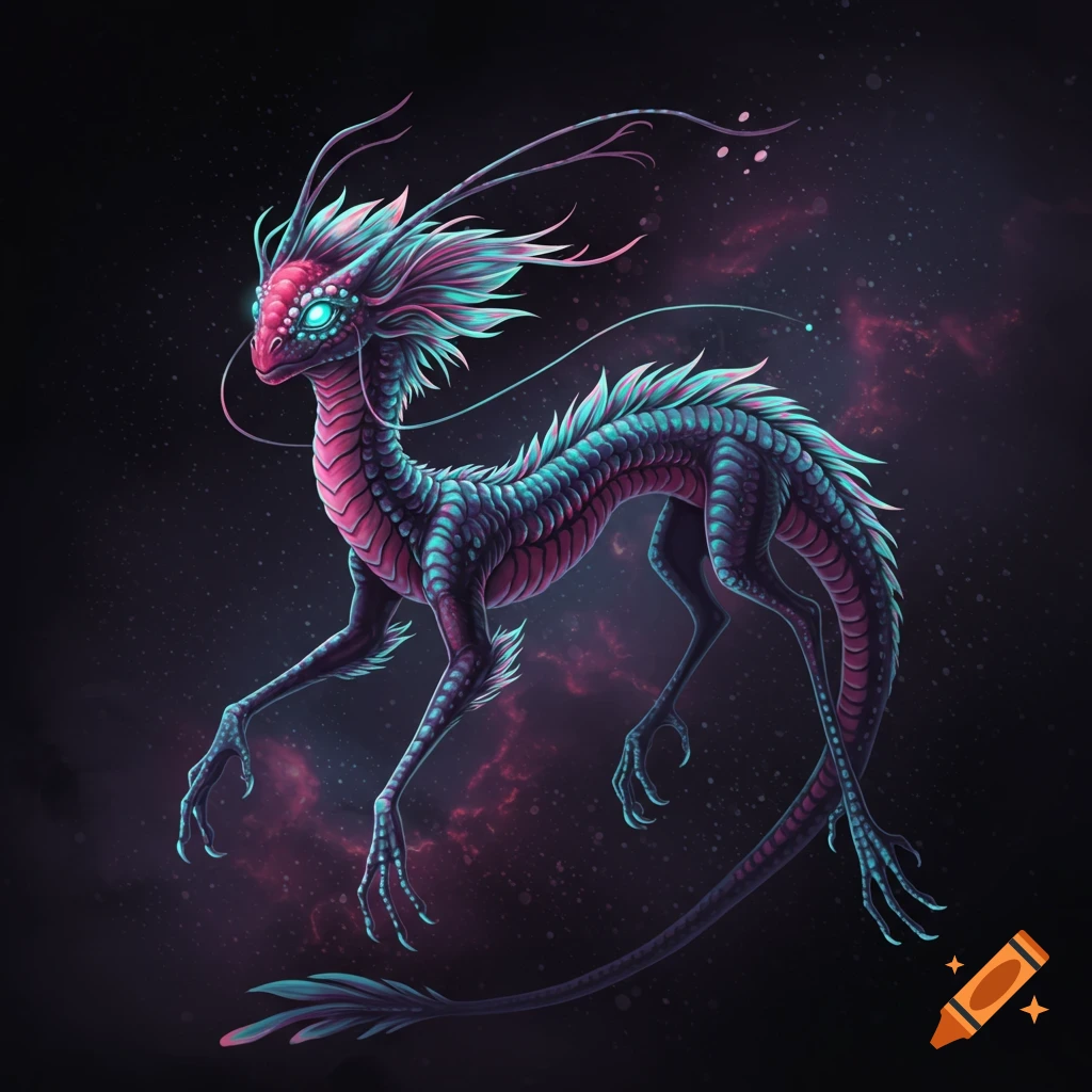 A vibrant pink and blue fantasy creature resembling a dragon in a cosmic, starry background.