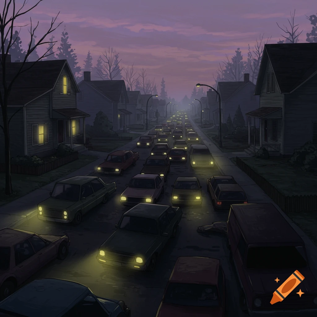 A suburban street at dusk filled with cars in a traffic jam