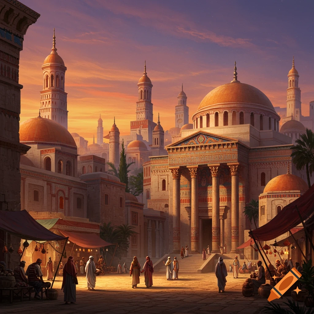 An ancient city with domes and spires at sunset, with people in the marketplace.