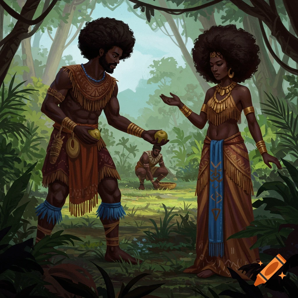 A man in elaborate clothing offers fruit to a woman in similar attire, standing in a jungle.