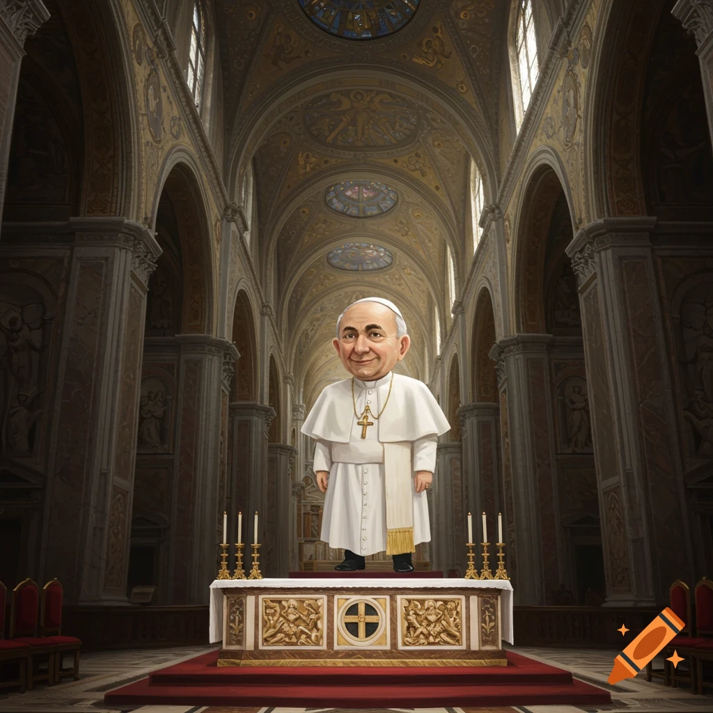 A cartoon Pope stands on an altar in a detailed church.