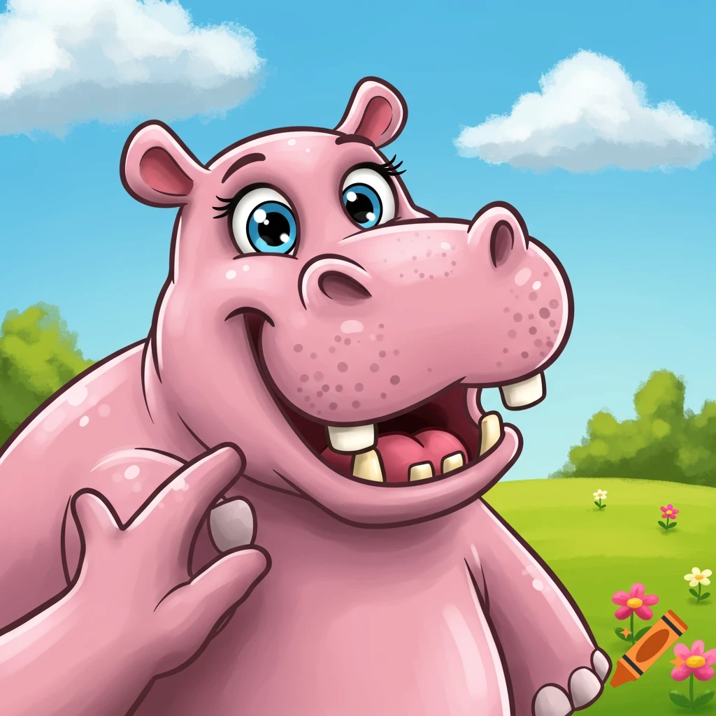 Happy cartoon hippo gives a thumbs-up in a field of flowers.