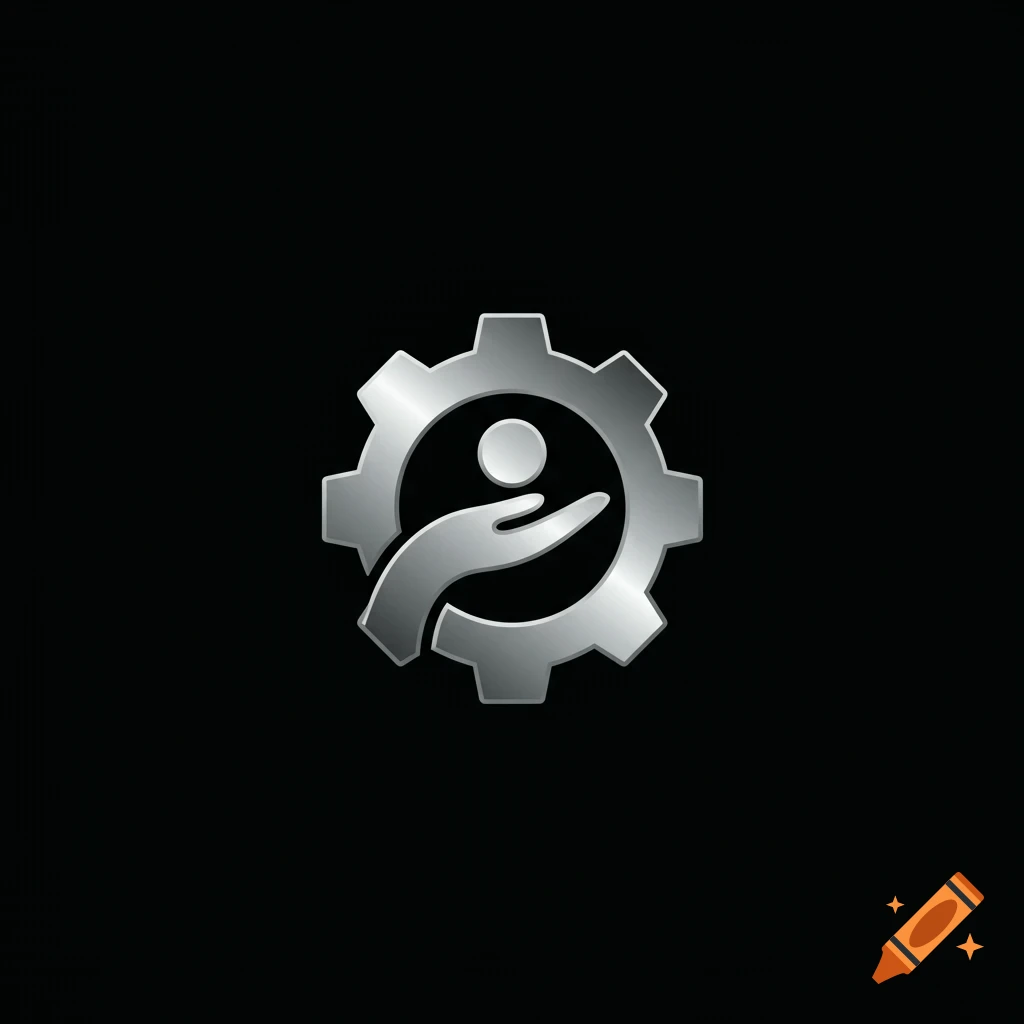 Silver logo of a hand holding a sphere inside a cogwheel on a black background.