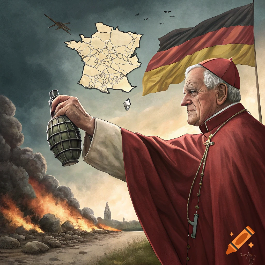 Illustration of a cardinal holding a grenade over a burning landscape, with a map of France and a German flag in the background.