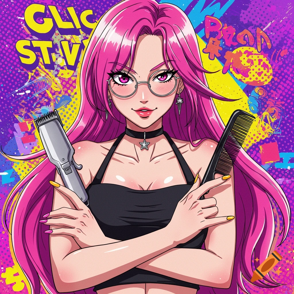 Anime woman with pink hair and glasses holding a hair clipper and comb.
