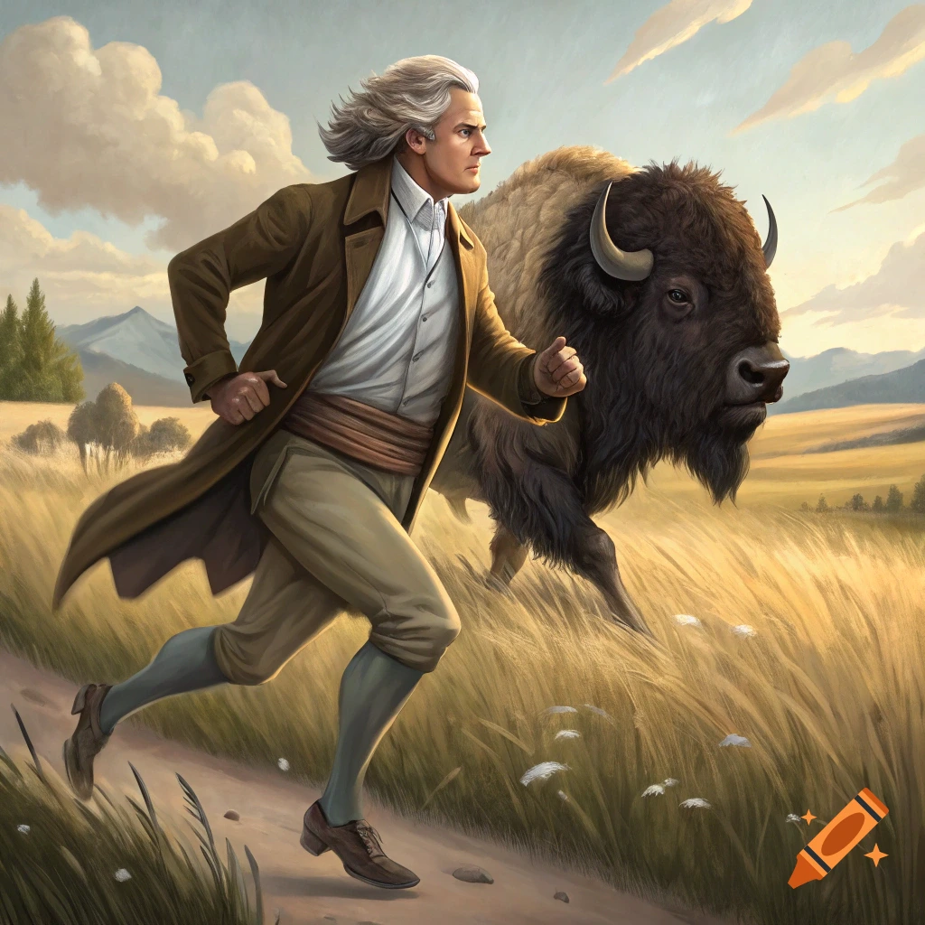 A painting shows a man in 18th-century clothes running alongside a bison in a grassy field.