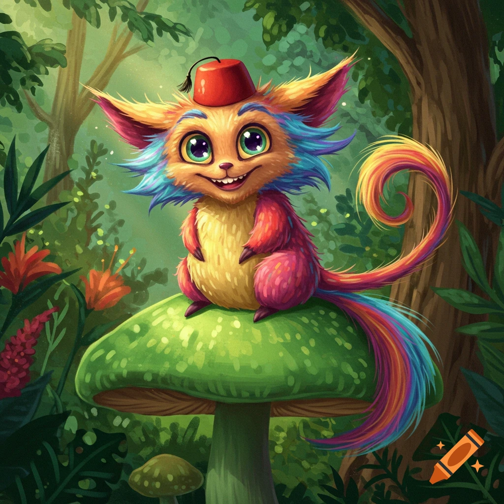 A colorful, furry fantasy creature with big eyes and a red hat sits on a large mushroom in a forest