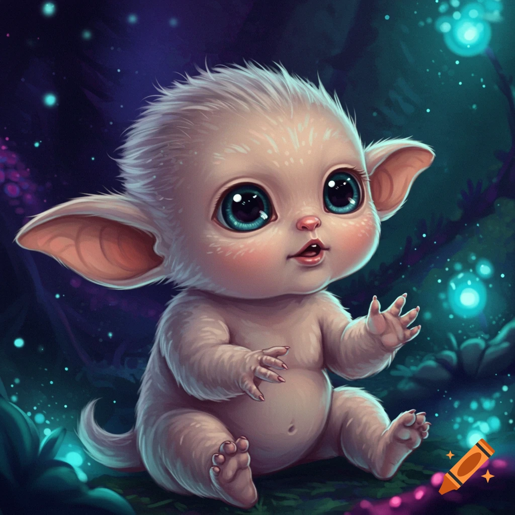 A small, white, furry creature with large blue eyes sits in a dark forest with glowing flora.
