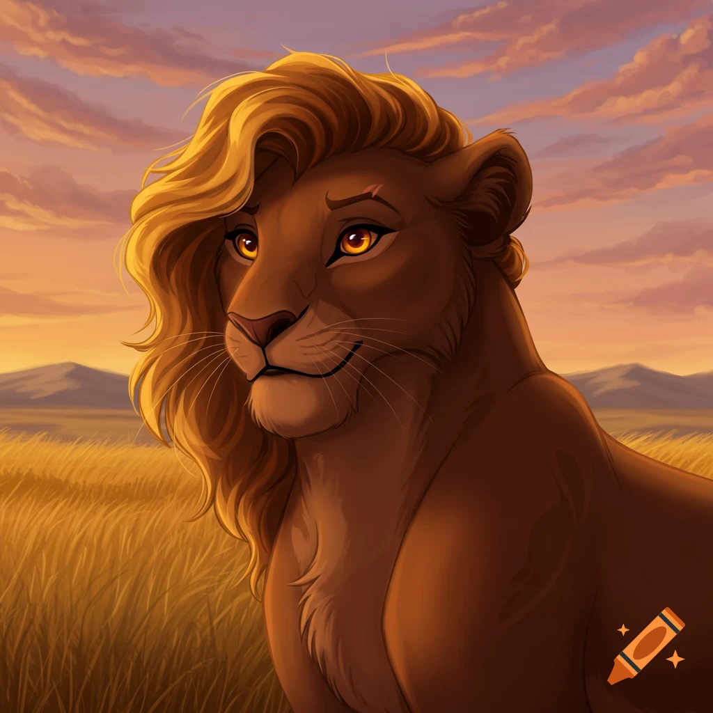 A lioness with flowing golden hair is in a field at sunset