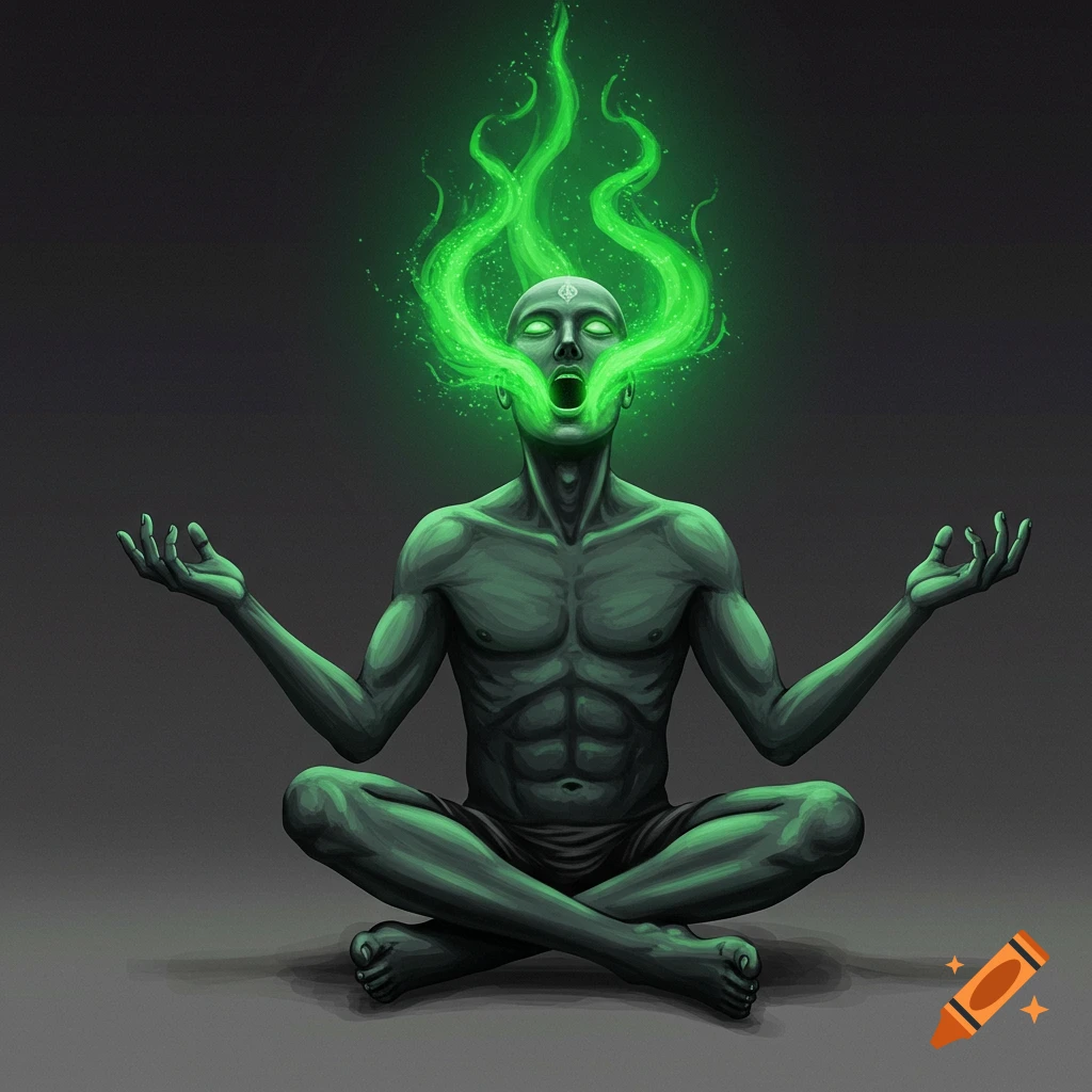 A person meditating with legs crossed, hands raised, and green energy erupting from their head and mouth.