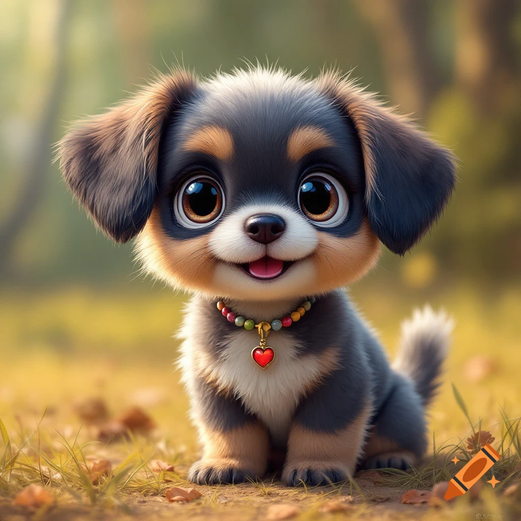 Stylized cute puppy wearing a heart necklace sits in grass.