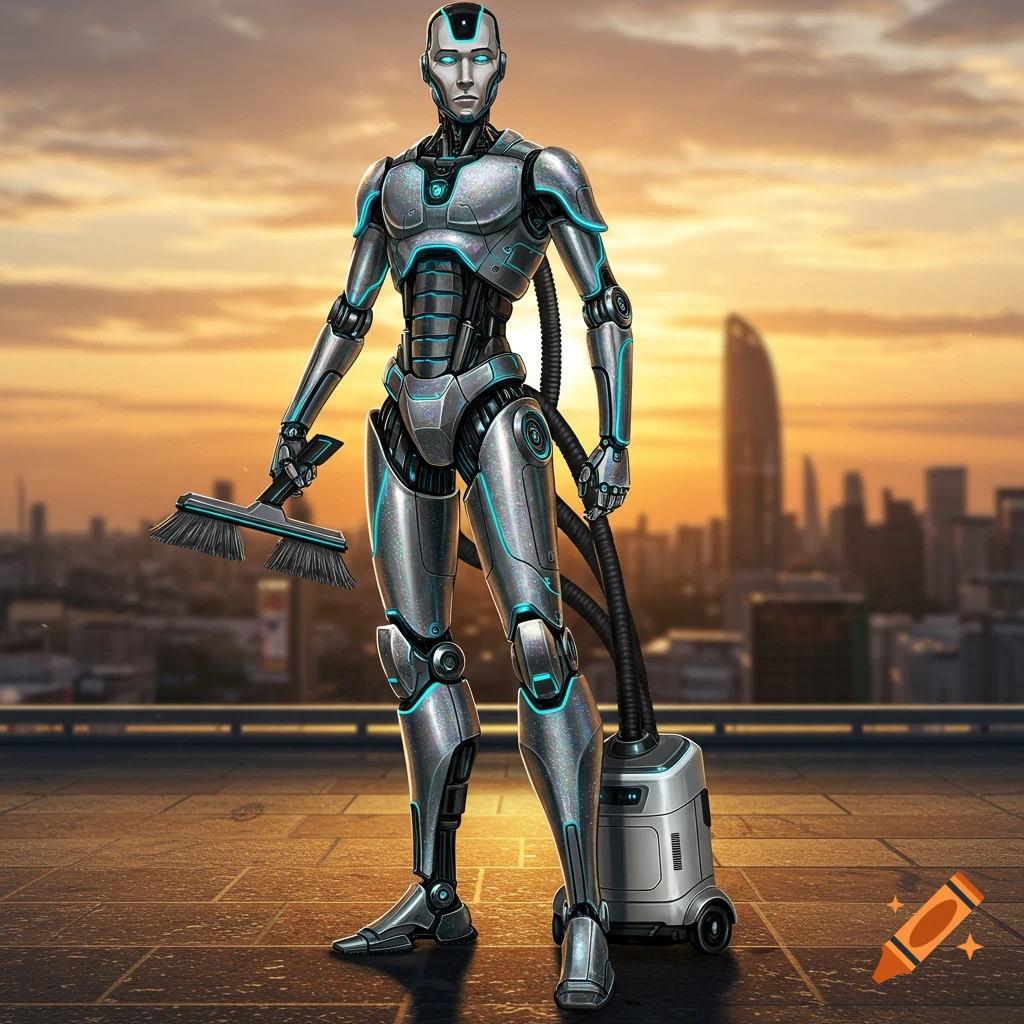 A detailed sci-fi robot on a rooftop, holding a broom and vacuum, with a city skyline at sunset.