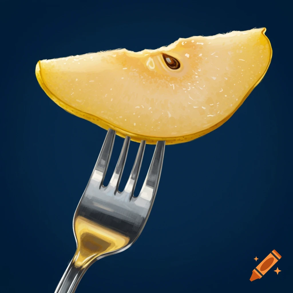 A yellow pear slice on a fork against a dark blue background.