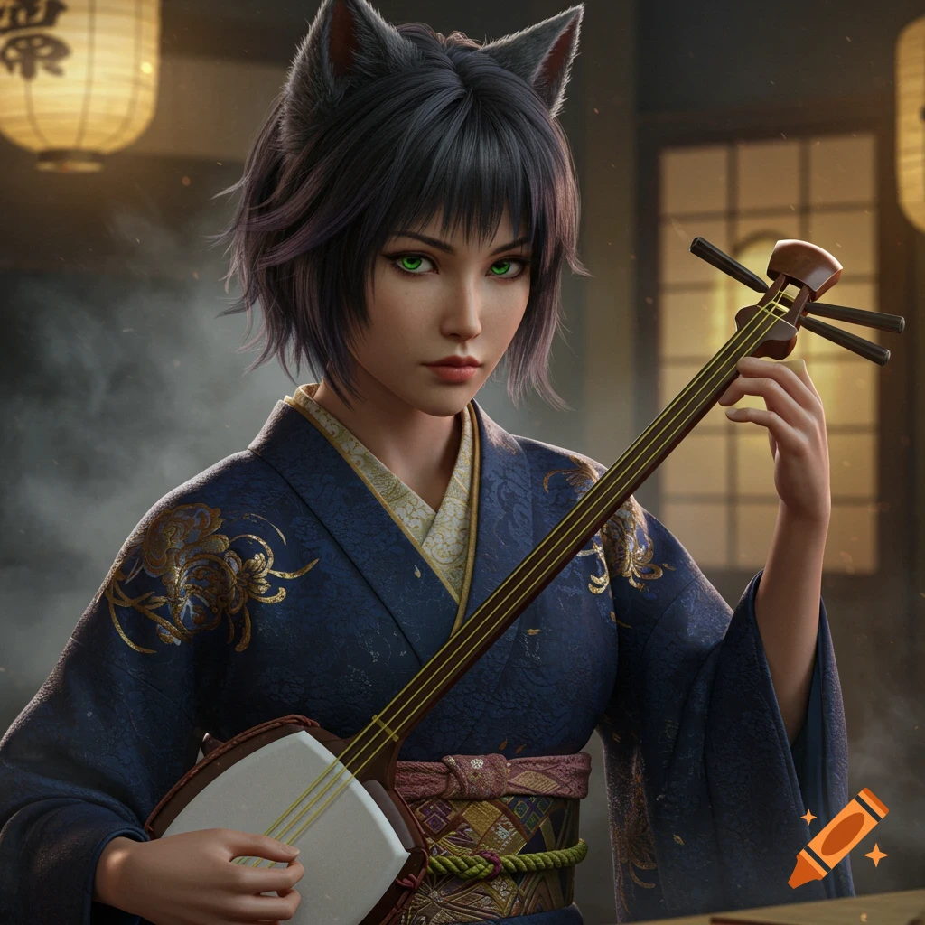 Woman with cat ears and green eyes in a kimono playing a shamisen