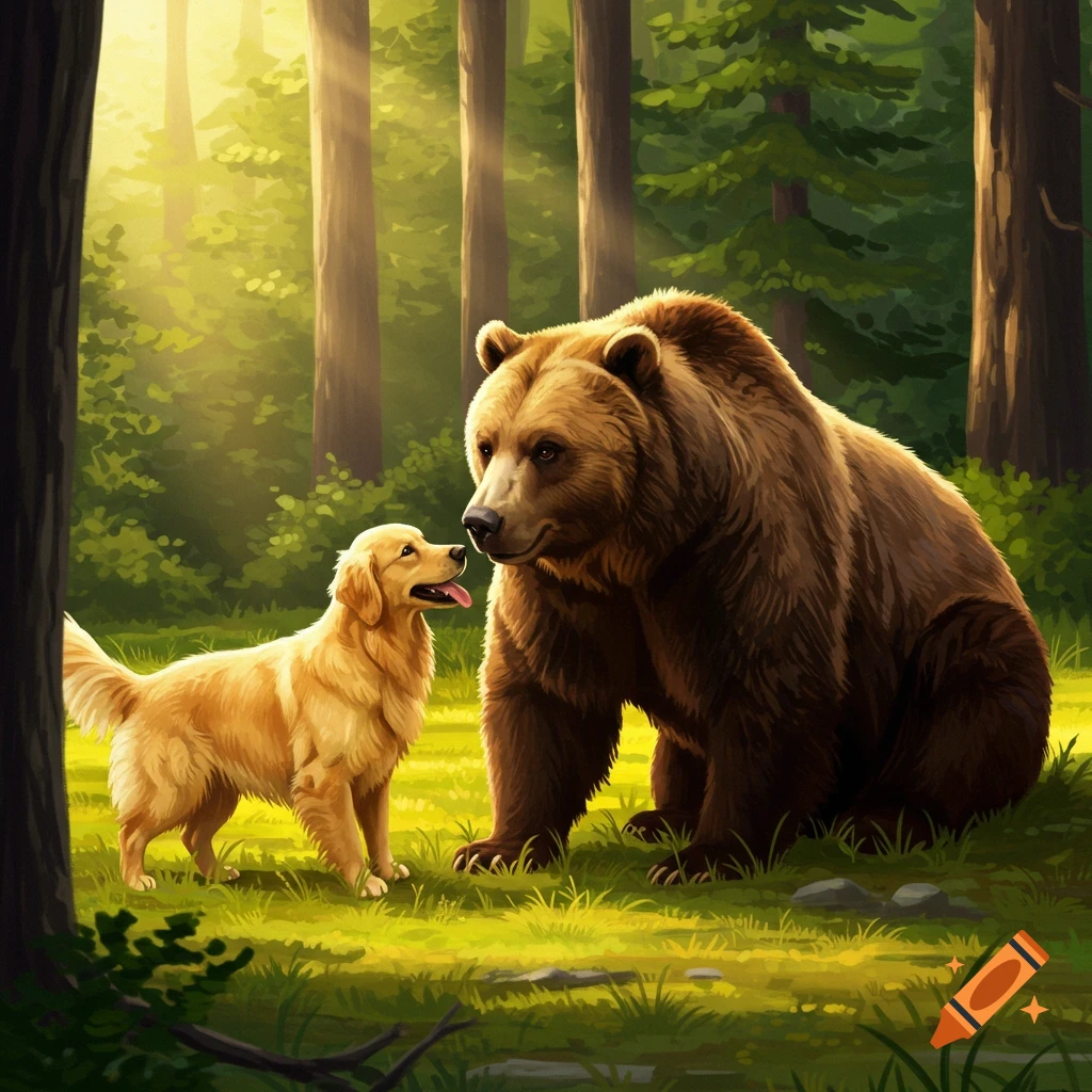 A golden retriever and a grizzly bear stand close to each other in a sunny forest.