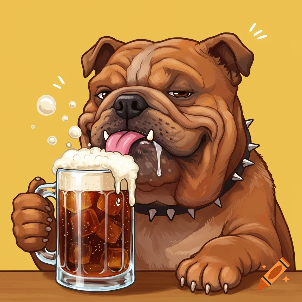 A brown bulldog is drinking from a mug of frothy root beer.
