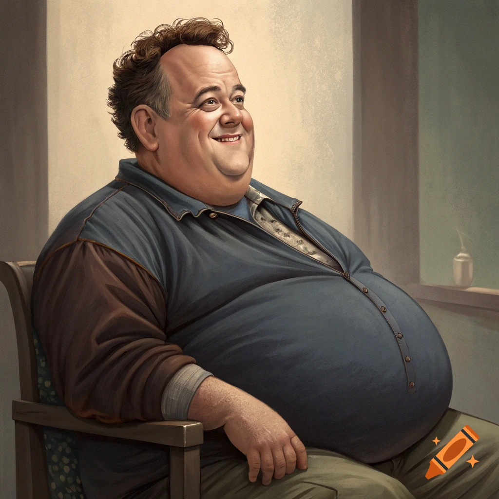 Illustration of a smiling obese man sitting in a chair, looking away.