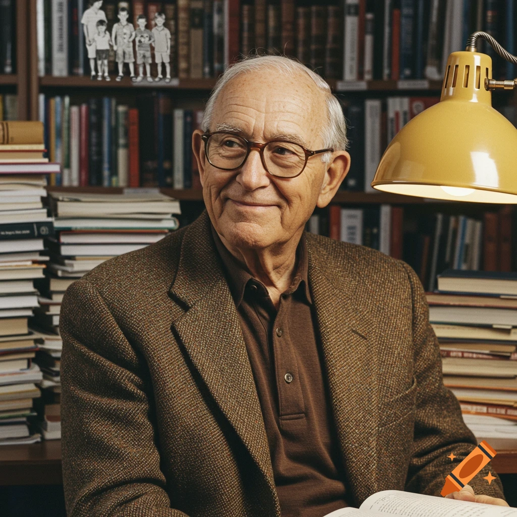 A photorealistic portrait of an older man wearing glasses, sitting in a library with stacks of books, holding an open book.