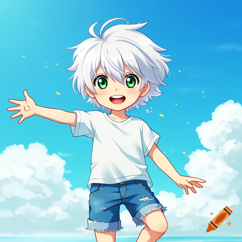 Anime illustration of a smiling young boy with white hair and green eyes, standing outside under a blue sky.