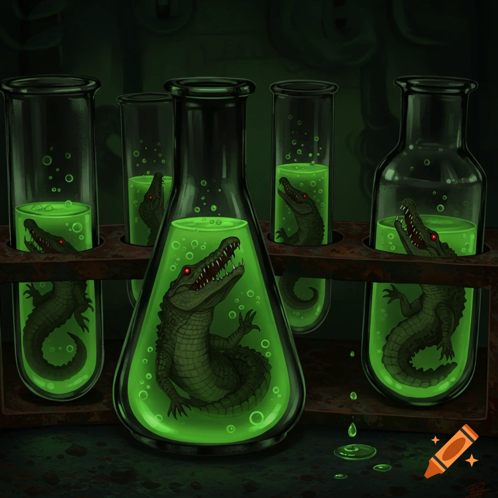 Crocodiles with red eyes inside glowing green test tubes in a dark laboratory.