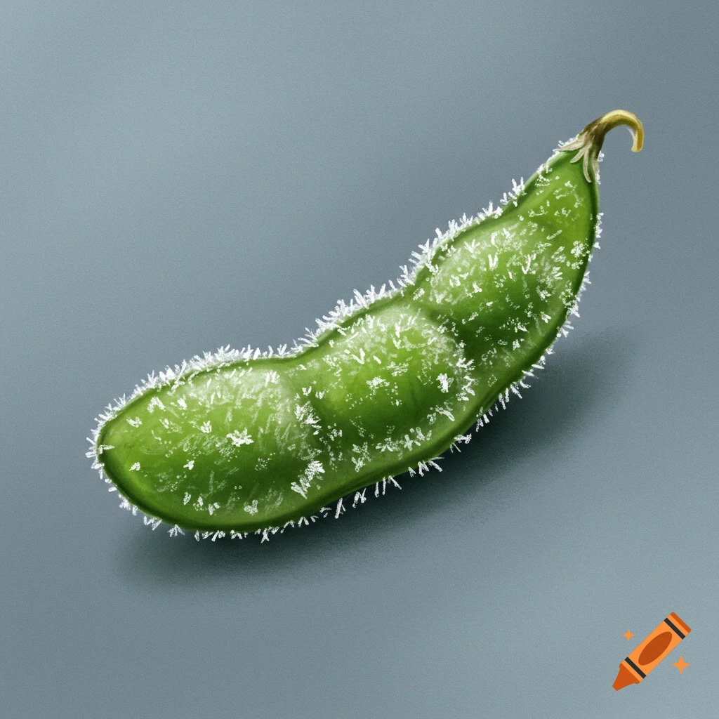 A frosty green soybean pod on a gray background.