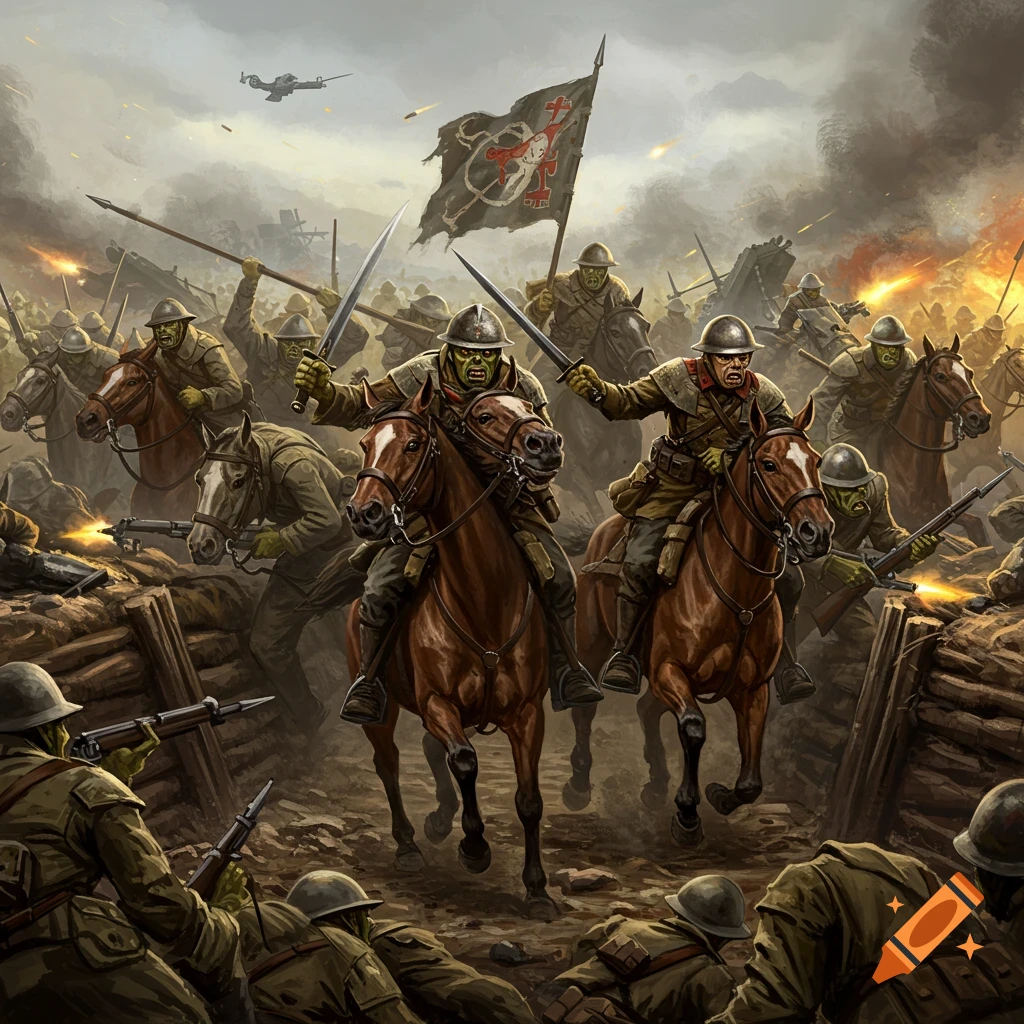 Orc-like soldiers on horseback charging a trench during a battle.