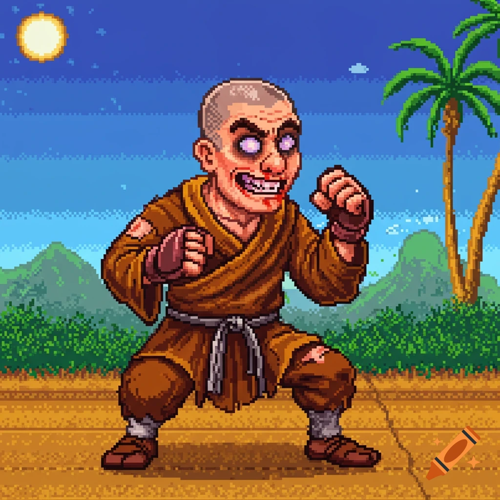 Pixel art character of a punch-drunk monk in a fighting stance outdoors.