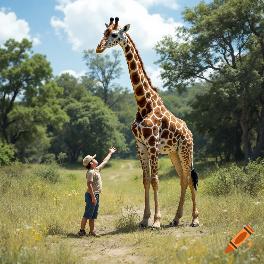 Young boy looks up at a giant giraffe in a field.