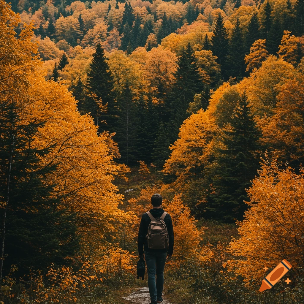 Person walking on path through vibrant orange autumn forest