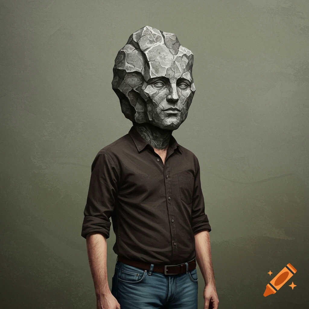 A person with a head made of gray rock, wearing a brown shirt and jeans.